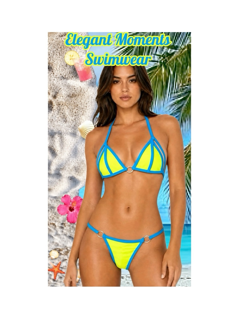 Elegant Moments Neon Yellow & Turquoise Strappy Bikini Set One Size NWOT